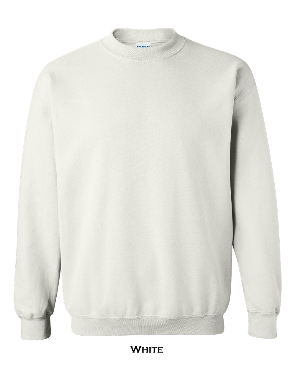 White sweatshirt with Gildan label on a white background