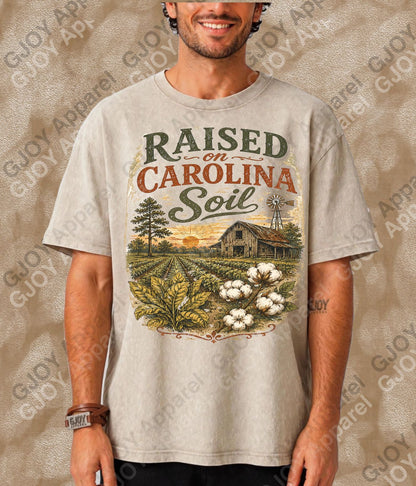 Raised On Carolina Soil Vintage Acid Wash T-Shirt | NC Unisex Oversized Graphic Tee
