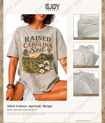 Raised On Carolina Soil Vintage Acid Wash T-Shirt | NC Unisex Oversized Graphic Tee