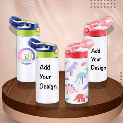 Four children's water bottles with colorful lids on a wooden surface.