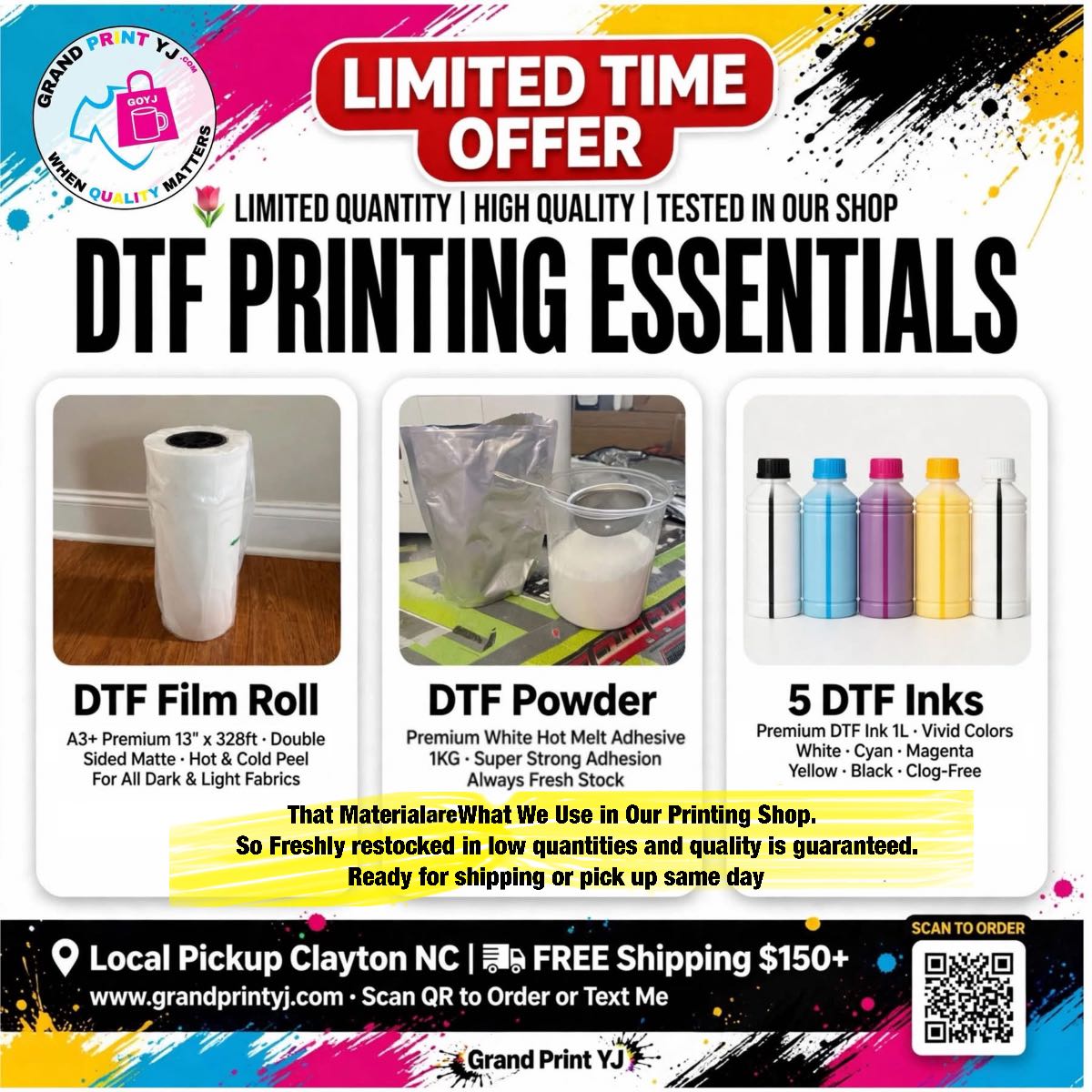 DTF Material - DTF film 13*328ft hot and cold peel double coated- DTF Powder 1KG white- DTF ink 1000ml White, Cyan, Magenta, Yellow, Black