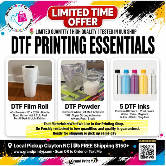 DTF Material - DTF film 13*328ft hot and cold peel double coated- DTF Powder 1KG white- DTF ink 1000ml White, Cyan, Magenta, Yellow, Black