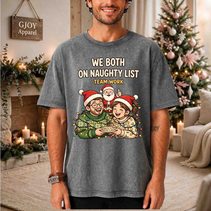 We Both On Naughty List Team Work Acid Wash T-Shirt - Couple and Santa tangled in Christmas lights - Grey - Grand Print YJ