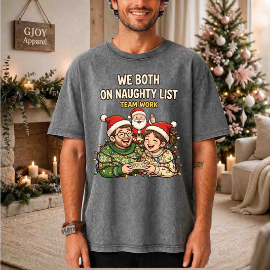 We Both On Naughty List Team Work Acid Wash T-Shirt - Couple and Santa tangled in Christmas lights - Grey - Grand Print YJ