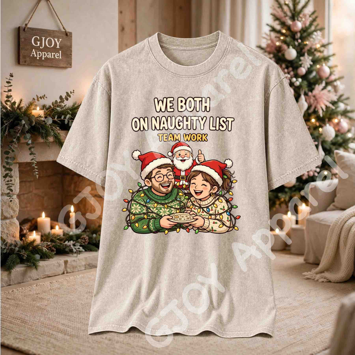 We Both On Naughty List Team Work Acid Wash T-Shirt - Couple and Santa tangled in Christmas lights - Beige - Grand Print YJ