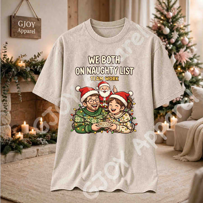 We Both On Naughty List Team Work Acid Wash T-Shirt - Couple and Santa tangled in Christmas lights - Beige - Grand Print YJ