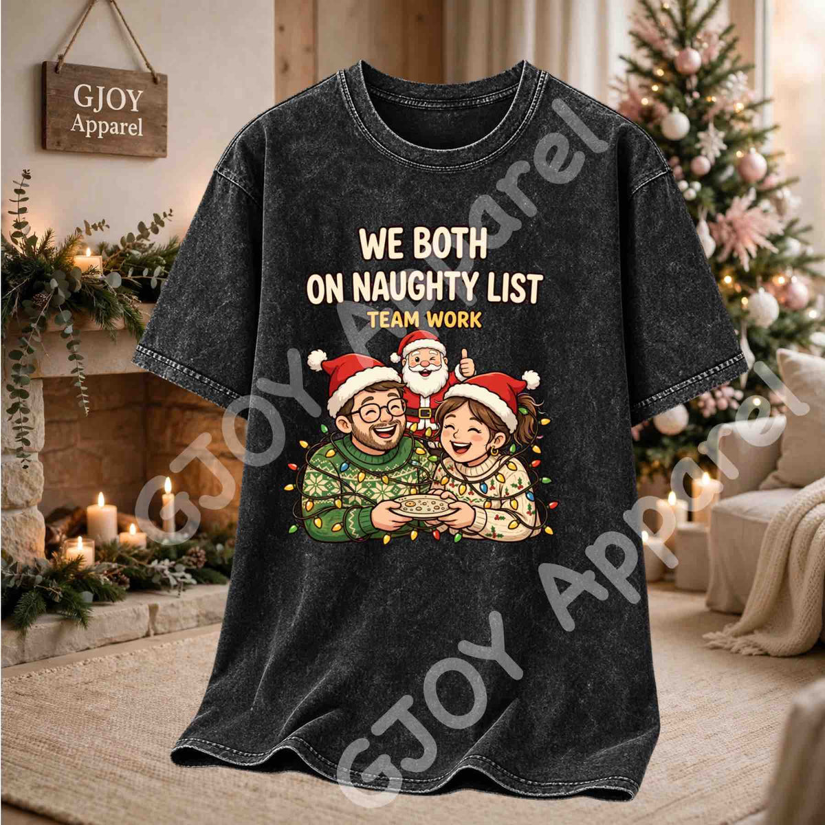 We Both On Naughty List Team Work Acid Wash T-Shirt - Couple and Santa tangled in Christmas lights - Vintage Black - Grand Print YJ