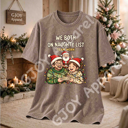We Both On Naughty List Team Work Acid Wash T-Shirt - Couple and Santa tangled in Christmas lights - Brown - Grand Print YJ