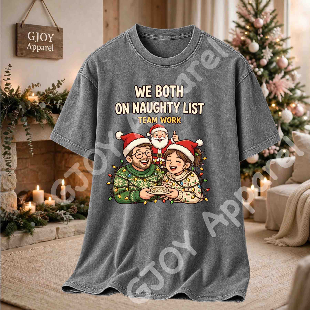 We Both On Naughty List Team Work Acid Wash T-Shirt - Couple and Santa tangled in Christmas lights - Grey - Grand Print YJ