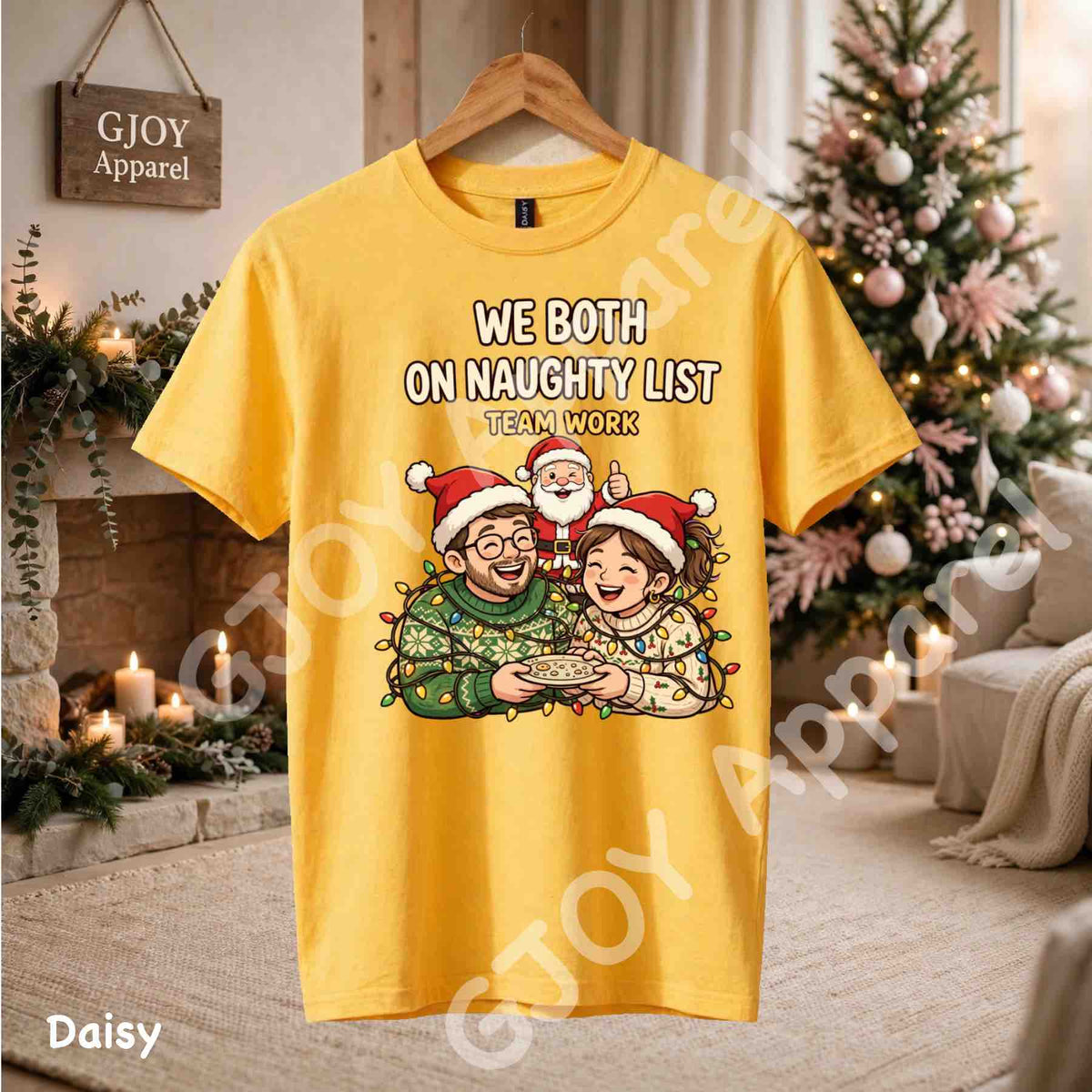 We Both On Naughty List Team Work T-Shirt - Couple and Santa tangled in Christmas lights - Daisy Gildan 5000 - Grand Print YJ