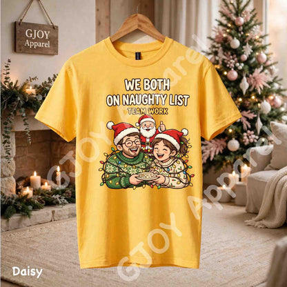 We Both On Naughty List Team Work T-Shirt - Couple and Santa tangled in Christmas lights - Daisy Gildan 5000 - Grand Print YJ