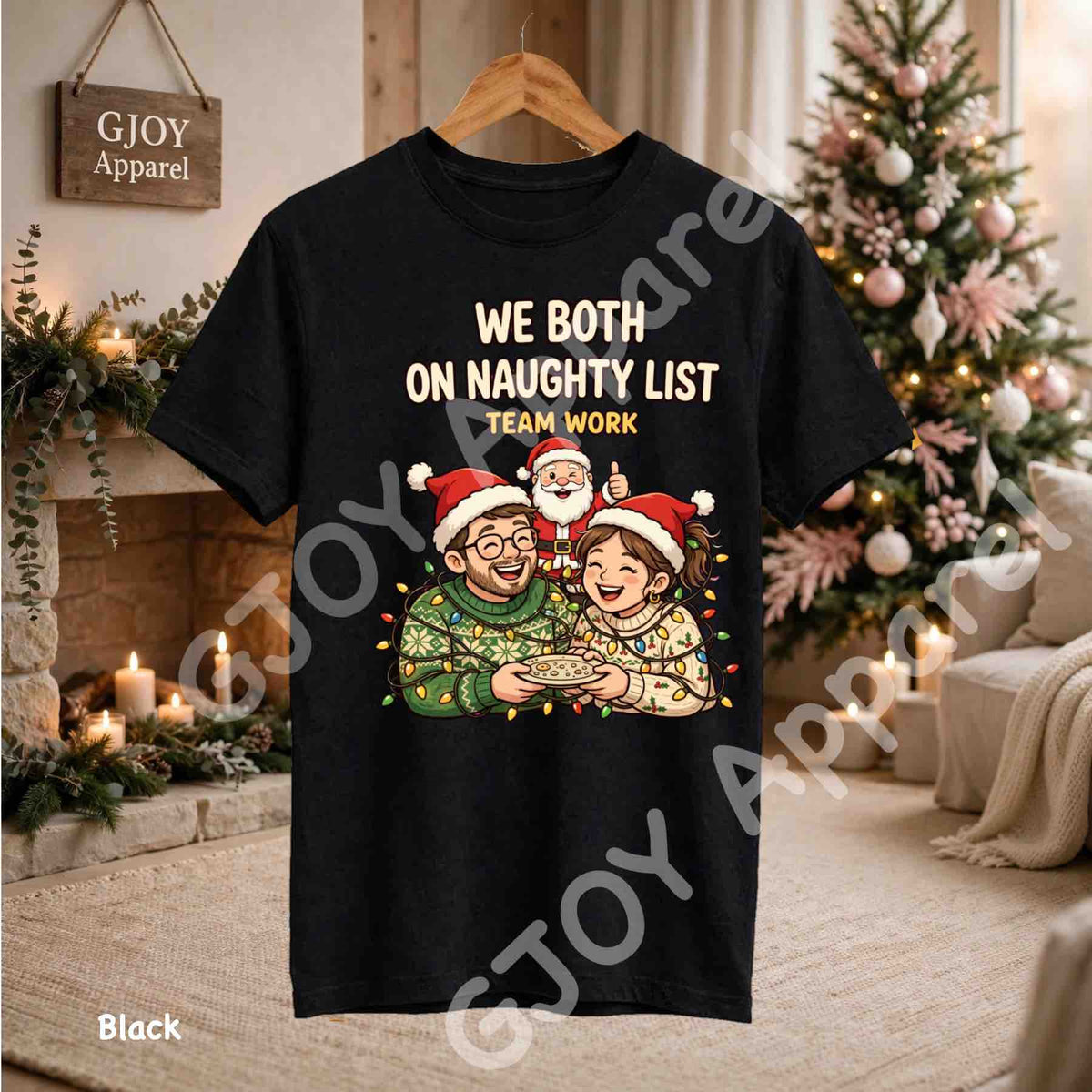 We Both On Naughty List Team Work T-Shirt - Couple and Santa tangled in Christmas lights - Black Gildan 5000 - Grand Print YJ