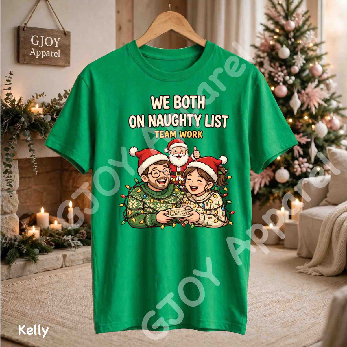 We Both On Naughty List Team Work T-Shirt - Couple and Santa tangled in Christmas lights - Kelly Gildan 5000 - Grand Print YJ