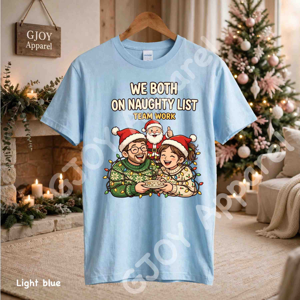 We Both On Naughty List Team Work T-Shirt - Couple and Santa tangled in Christmas lights - Light Blue Gildan 5000 - Grand Print YJ