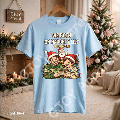 We Both On Naughty List Team Work T-Shirt - Couple and Santa tangled in Christmas lights - Light Blue Gildan 5000 - Grand Print YJ