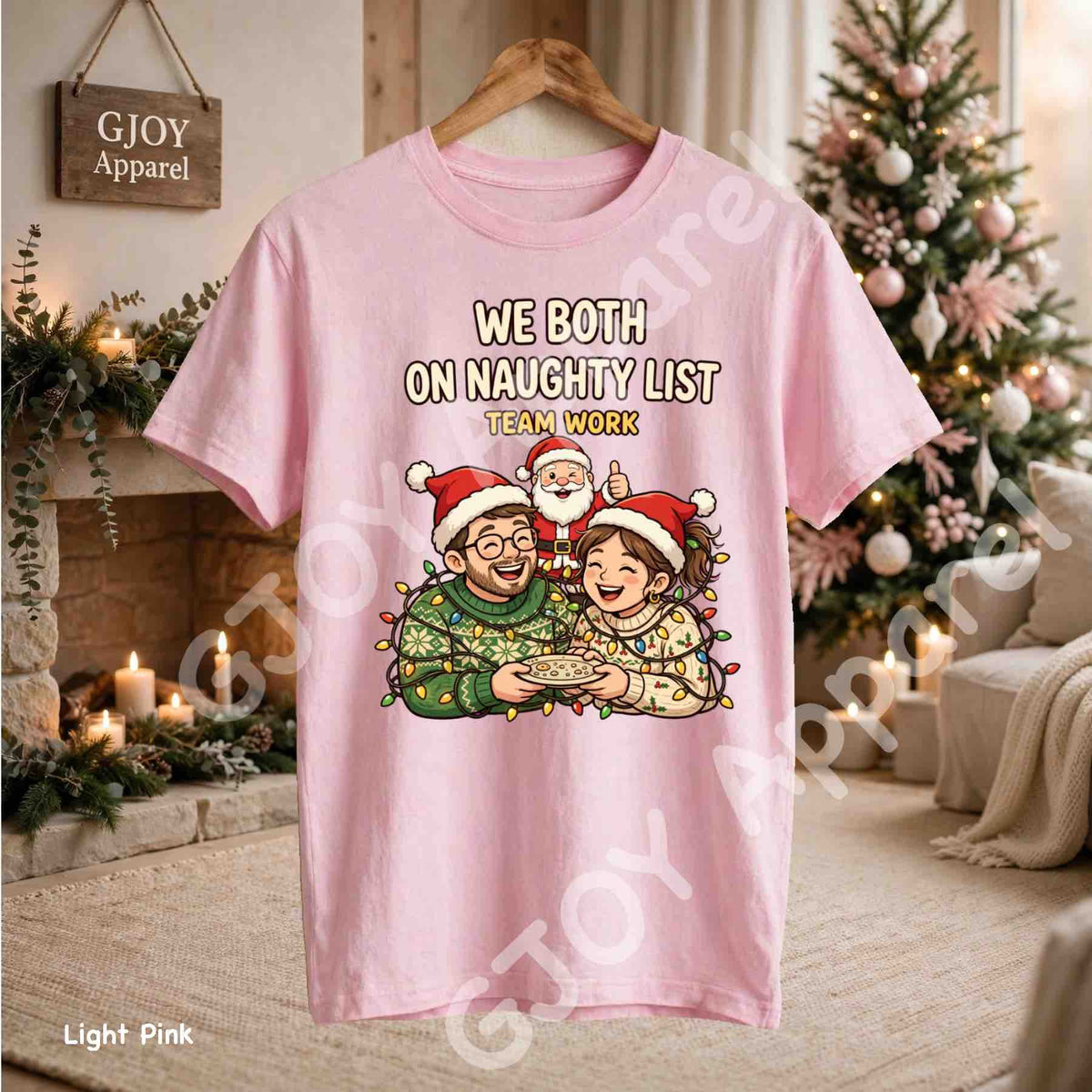 We Both On Naughty List Team Work T-Shirt - Couple and Santa tangled in Christmas lights - Light Pink Gildan 5000 - Grand Print YJ