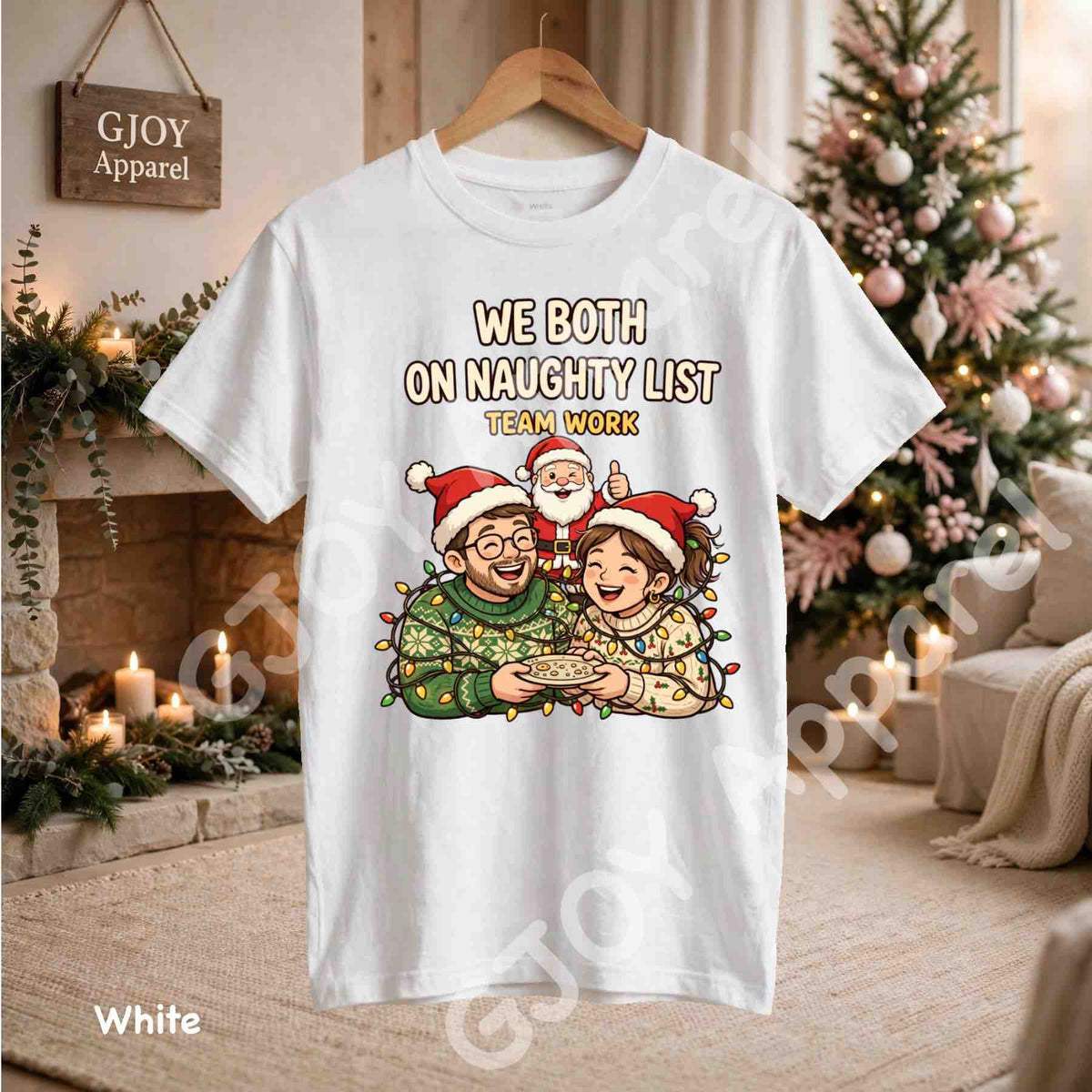 We Both On Naughty List Team Work T-Shirt - Couple and Santa tangled in Christmas lights - White Gildan 5000 - Grand Print YJ