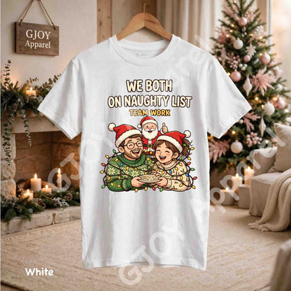We Both On Naughty List Team Work T-Shirt - Couple and Santa tangled in Christmas lights - White Gildan 5000 - Grand Print YJ