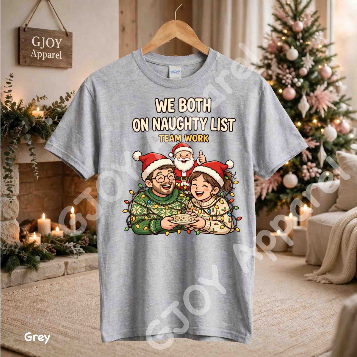 We Both On Naughty List Team Work T-Shirt - Couple and Santa tangled in Christmas lights - Grey Gildan 5000 - Grand Print YJ