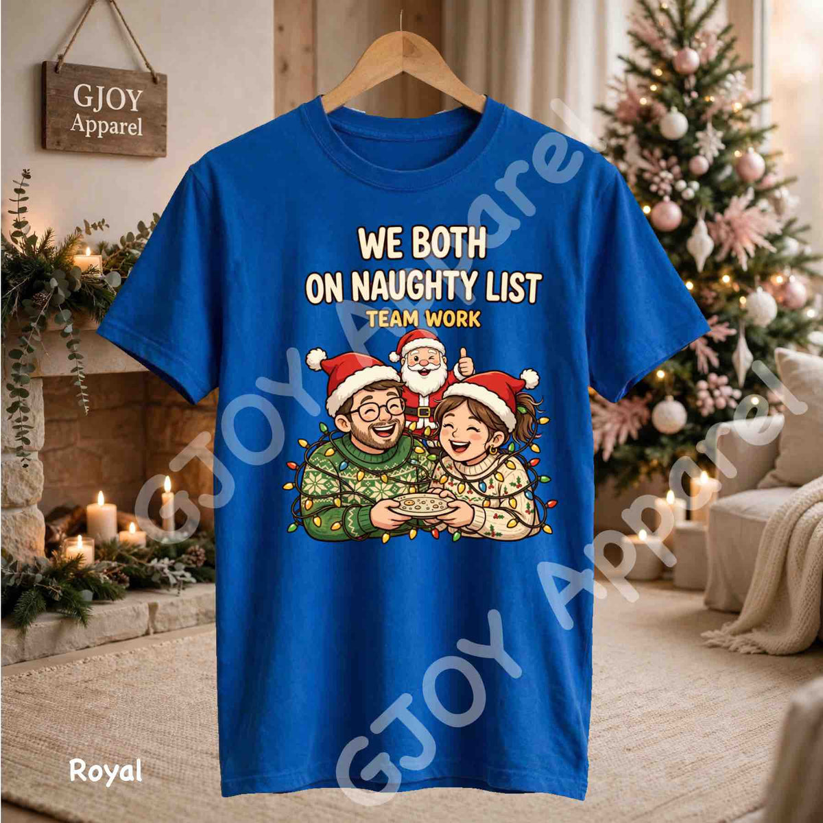 We Both On Naughty List Team Work T-Shirt - Couple and Santa tangled in Christmas lights - Royal Gildan 5000 - Grand Print YJ