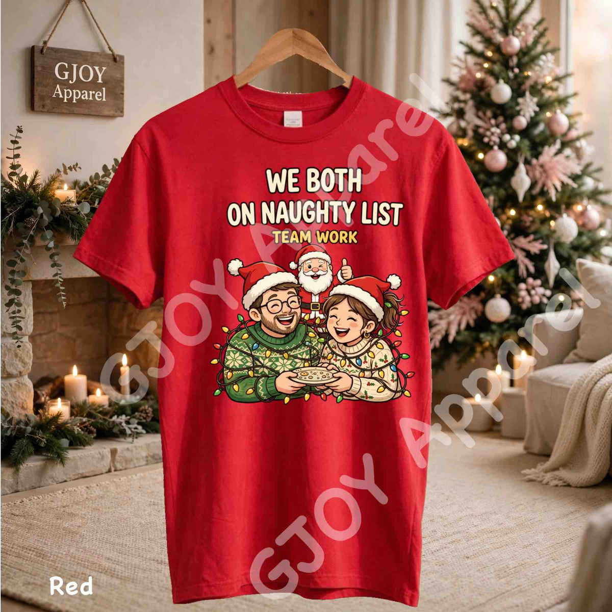 We Both On Naughty List Team Work T-Shirt - Couple and Santa tangled in Christmas lights - Red Gildan 5000 - Grand Print YJ