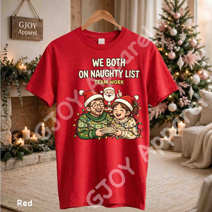 We Both On Naughty List Team Work T-Shirt - Couple and Santa tangled in Christmas lights - Red Gildan 5000 - Grand Print YJ