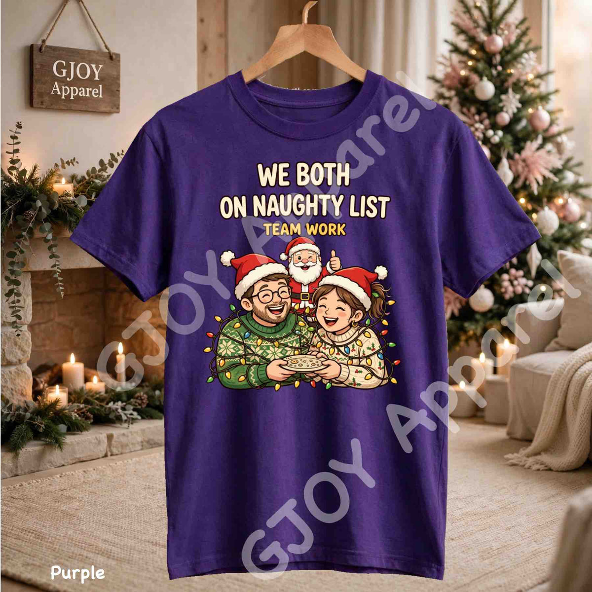 We Both On Naughty List Team Work T-Shirt - Couple and Santa tangled in Christmas lights - Purple Gildan 5000 - Grand Print YJ