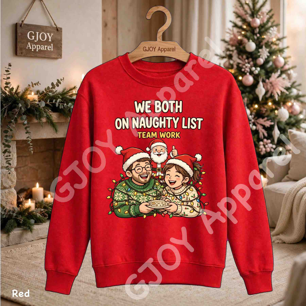 We Both On Naughty List Team Work Sweatshirt - Couple and Santa tangled in Christmas lights - Red - Grand Print YJ