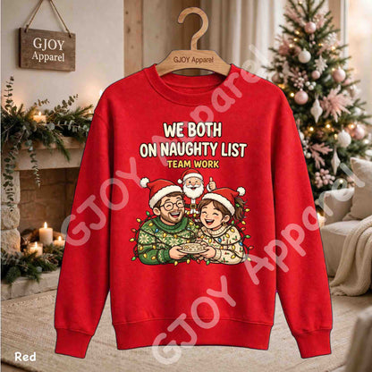 We Both On Naughty List Team Work Sweatshirt - Couple and Santa tangled in Christmas lights - Red - Grand Print YJ