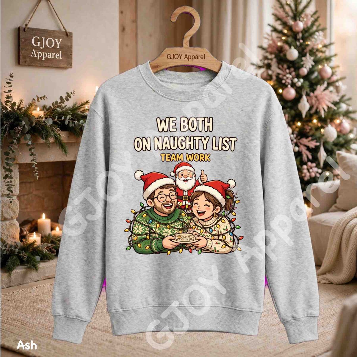 We Both On Naughty List Team Work Sweatshirt - Couple and Santa tangled in Christmas lights - Ash - Grand Print YJ