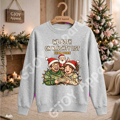 We Both On Naughty List Team Work Sweatshirt - Couple and Santa tangled in Christmas lights - Ash - Grand Print YJ