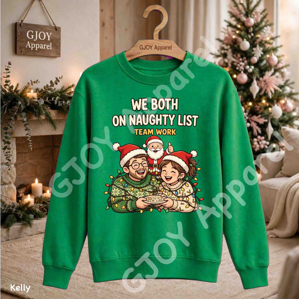 We Both On Naughty List Team Work Sweatshirt - Couple and Santa tangled in Christmas lights - Kelly - Grand Print YJ