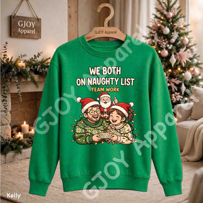 We Both On Naughty List Team Work Sweatshirt - Couple and Santa tangled in Christmas lights - Kelly - Grand Print YJ