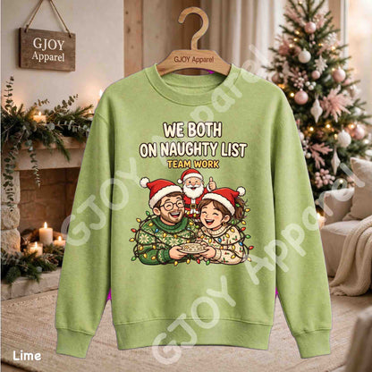 We Both On Naughty List Team Work Sweatshirt - Couple and Santa tangled in Christmas lights - Lime - Grand Print YJ