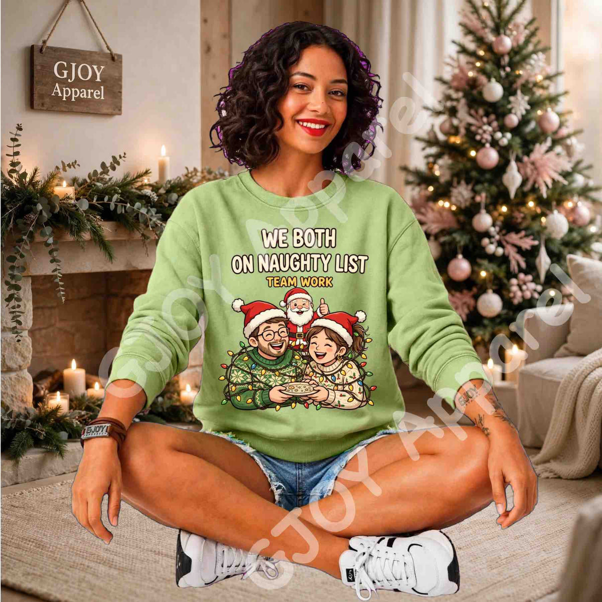 We Both On Naughty List Team Work Sweatshirt - Couple and Santa tangled in Christmas lights - Lime - Grand Print YJ