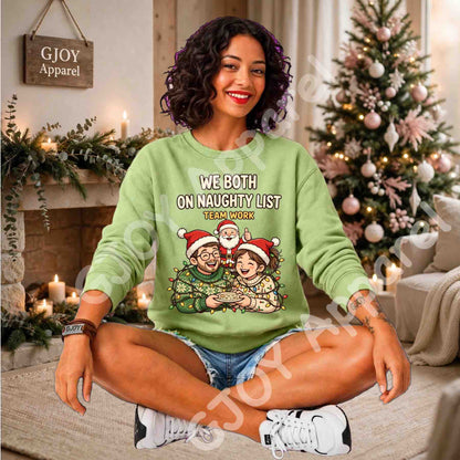 We Both On Naughty List Team Work Sweatshirt - Couple and Santa tangled in Christmas lights - Lime - Grand Print YJ