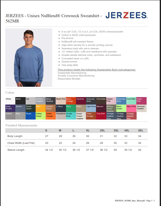 Jerzees Unisex NuBlend Crewneck Sweatshirt color chart with a model wearing a blue sweatshirt.