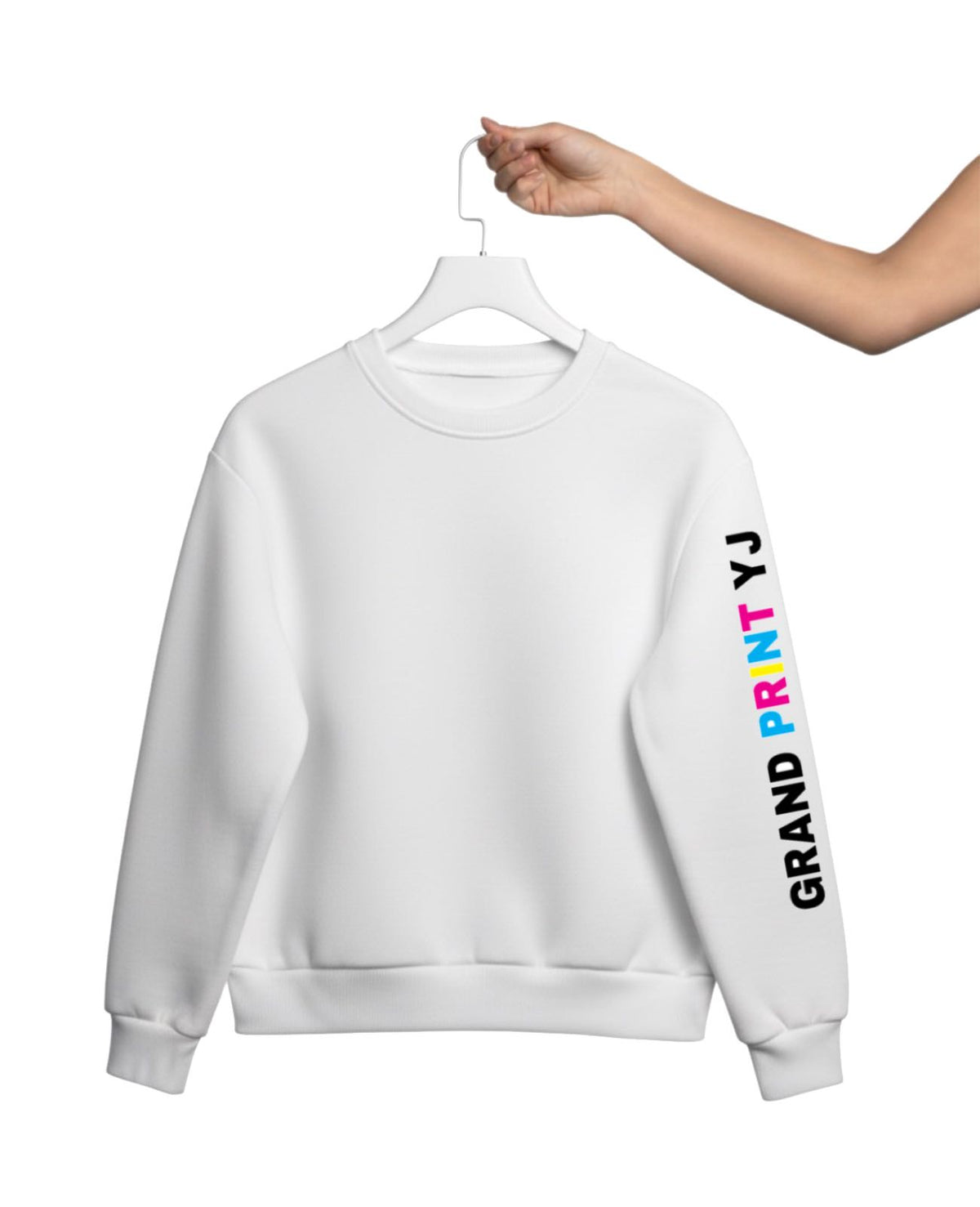 White sweatshirt with colorful text on a hanger against a white background