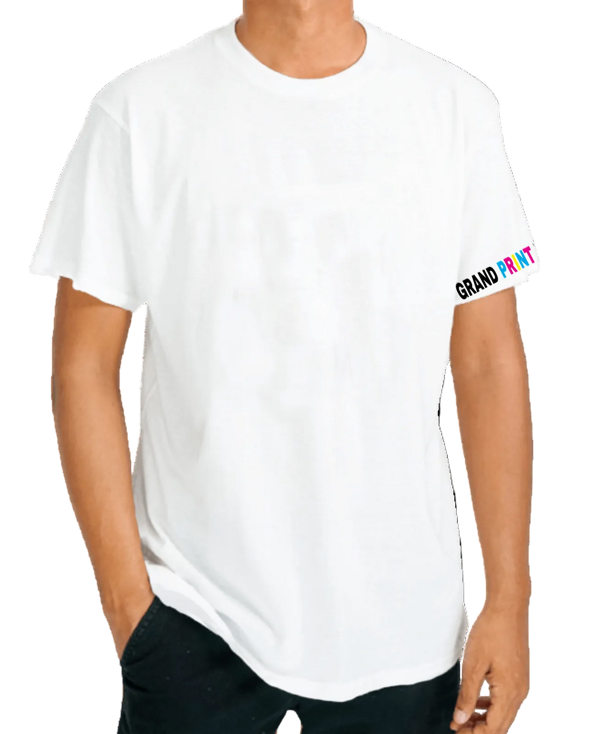 White t-shirt with colorful graphics and text on a white background