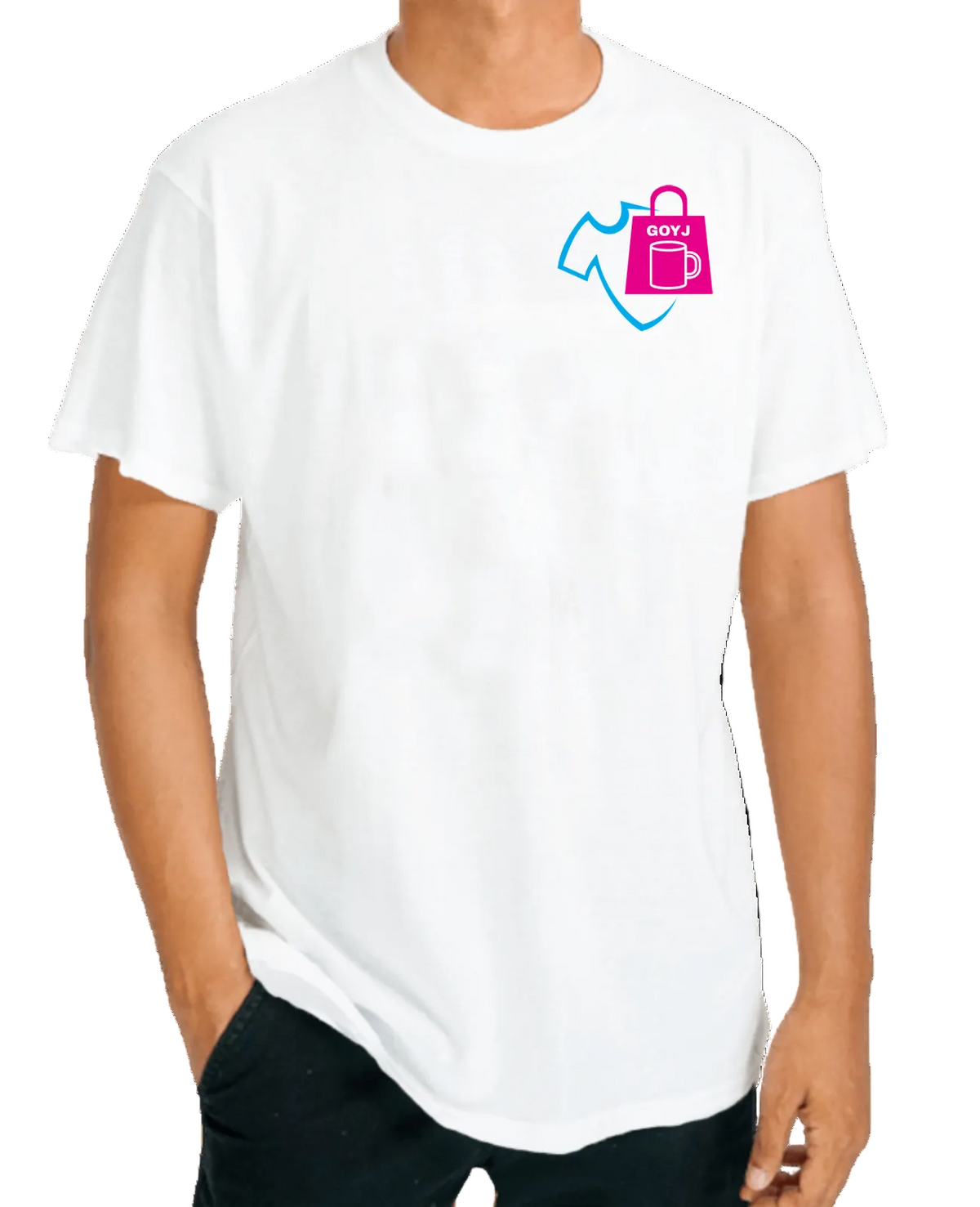 White t-shirt with a colorful logo on a white background