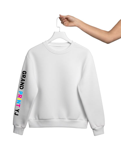 White sweatshirt with colorful text on a hanger against a white background