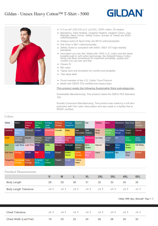Gildan Unisex Heavy Cotton T-Shirt 5000 with color swatch chart and size chart on a white background