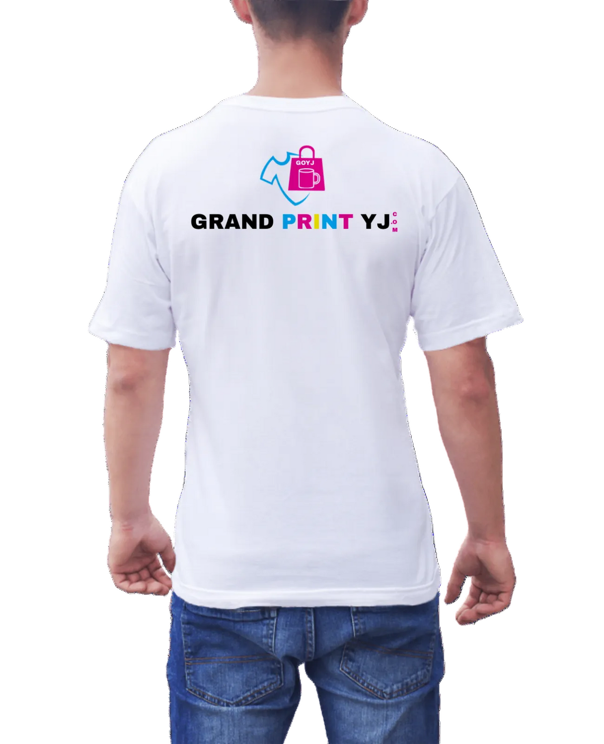 Person wearing a white t-shirt with 'Grand Print YJ' logo on the back