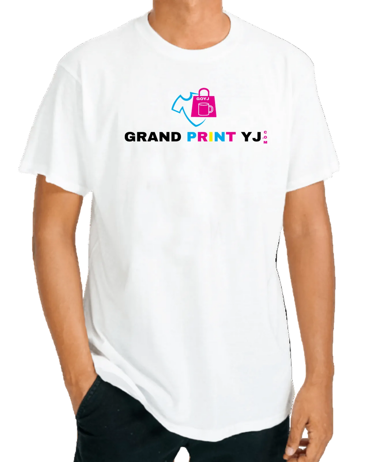 White t-shirt with 'Grand Print YJ' logo worn by a person on a white background