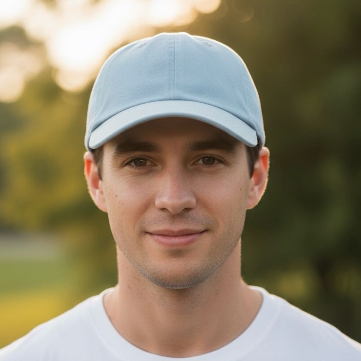 Man wearing a light blue cap and shirt outdoors with a blurred natural background