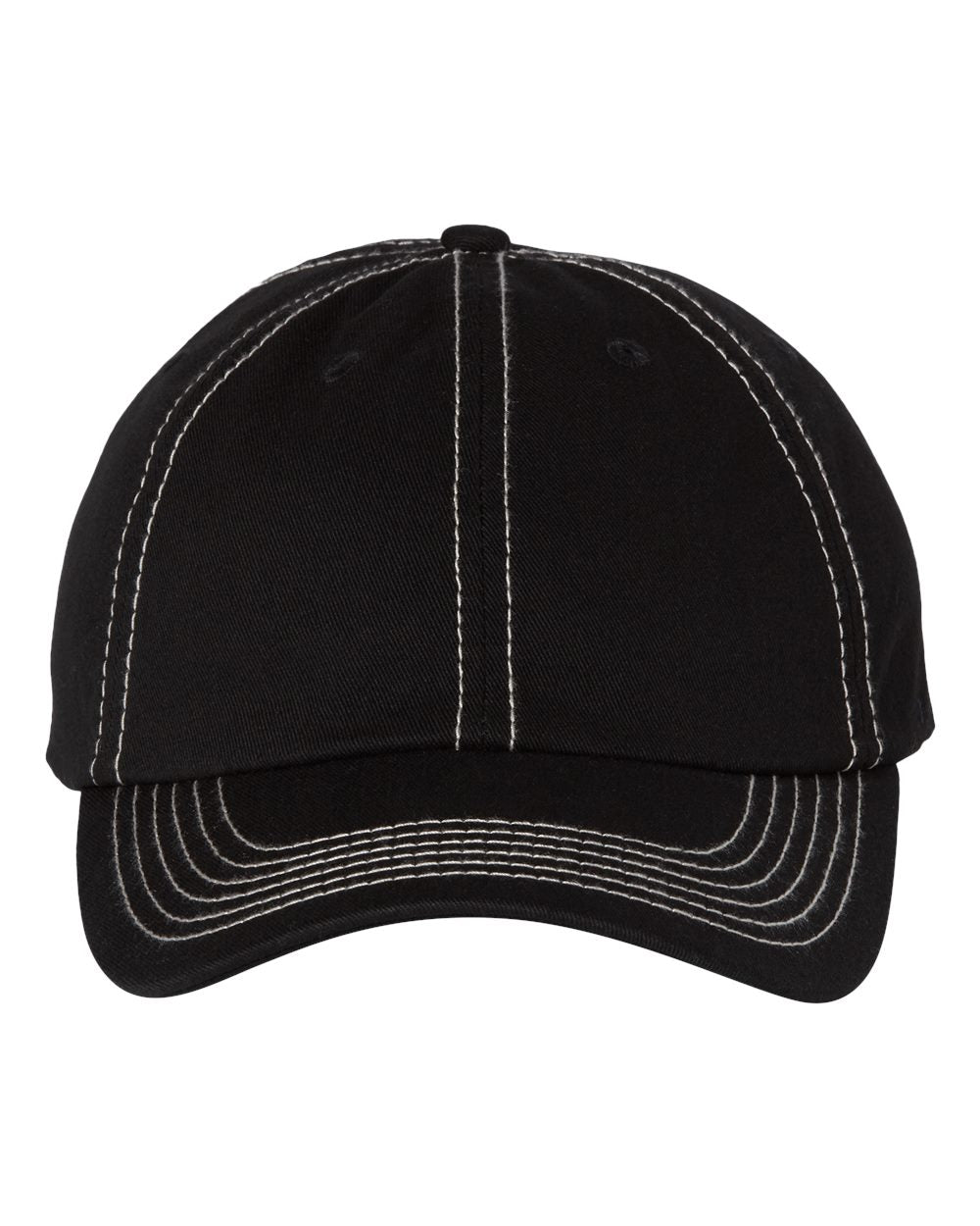 Black cap with white stitching on a white background
