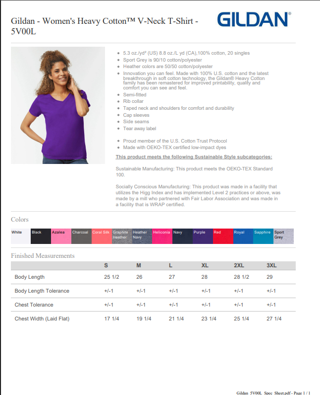 Gildan women's heavy cotton V-neck t-shirt product page with a model wearing a purple shirt.